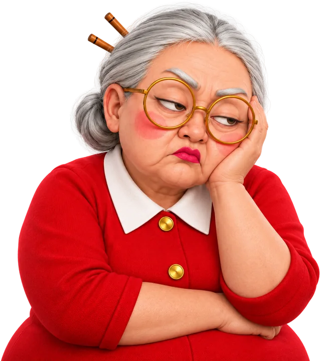 Auntie resting her chin on her hand, bored
