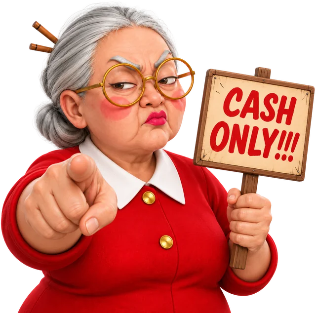 Auntie pointing, holding a Cash Only sign