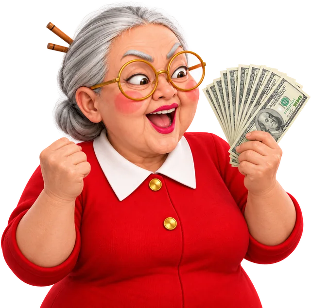 Auntie thrilled, fanning a stack of cash