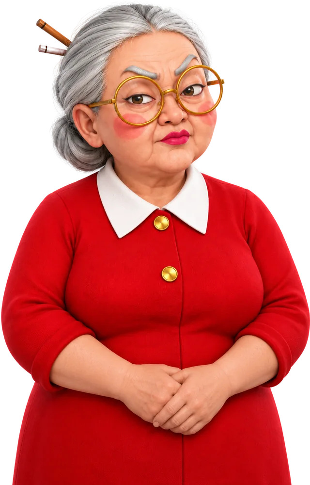 Auntie standing with her hands folded, unimpressed